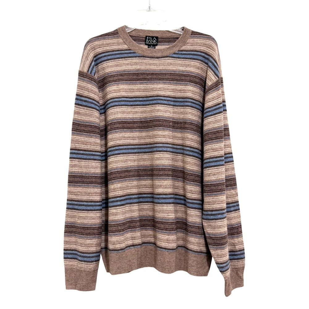 Jos A Bank Mens XL Lambswool Blend Striped Crew Neck Sweater Brown Blue Tan